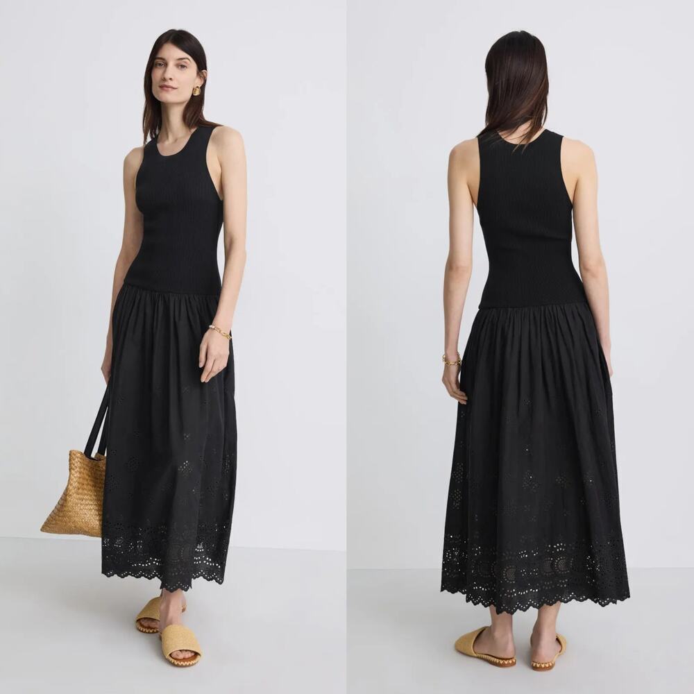 Vanessa Bruno Ennaya Dress Sleeveless Embroidered Eyelet Maxi Tank Black Small